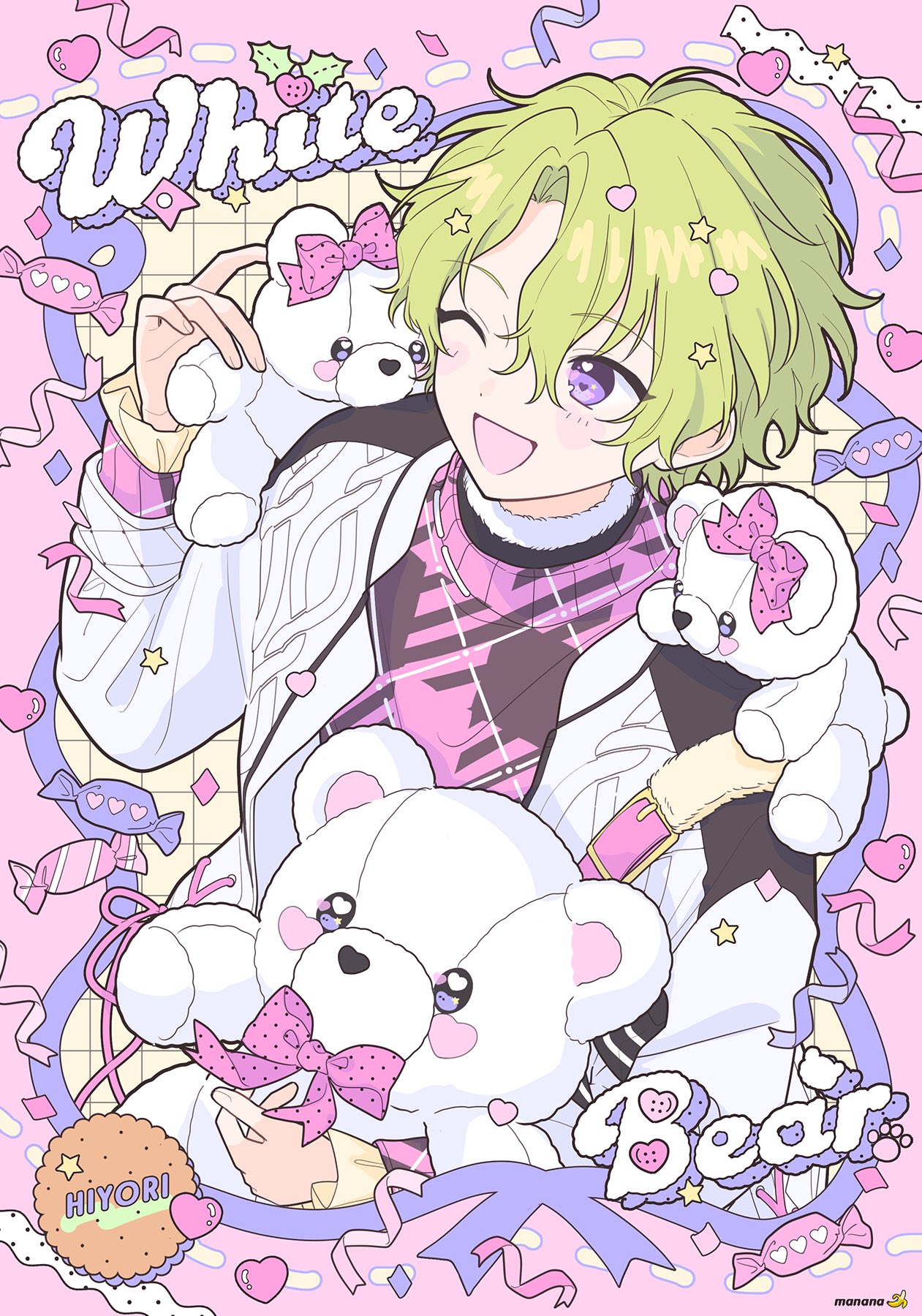 1boy :d character_name dotted_line english_text ensemble_stars! fur-trimmed_collar fur_trim green_hair hand_up happypuppy_guu heart heart-shaped_blush_stickers highres holding holding_stuffed_toy layered_clothes layered_sleeves long_sleeves one_eye_closed open_clothes pink_background plaid plaid_sweater purple_eyes ribbon short_hair smile solo stuffed_animal stuffed_toy sweater teddy_bear tomoe_hiyori upper_body wrapped_candy