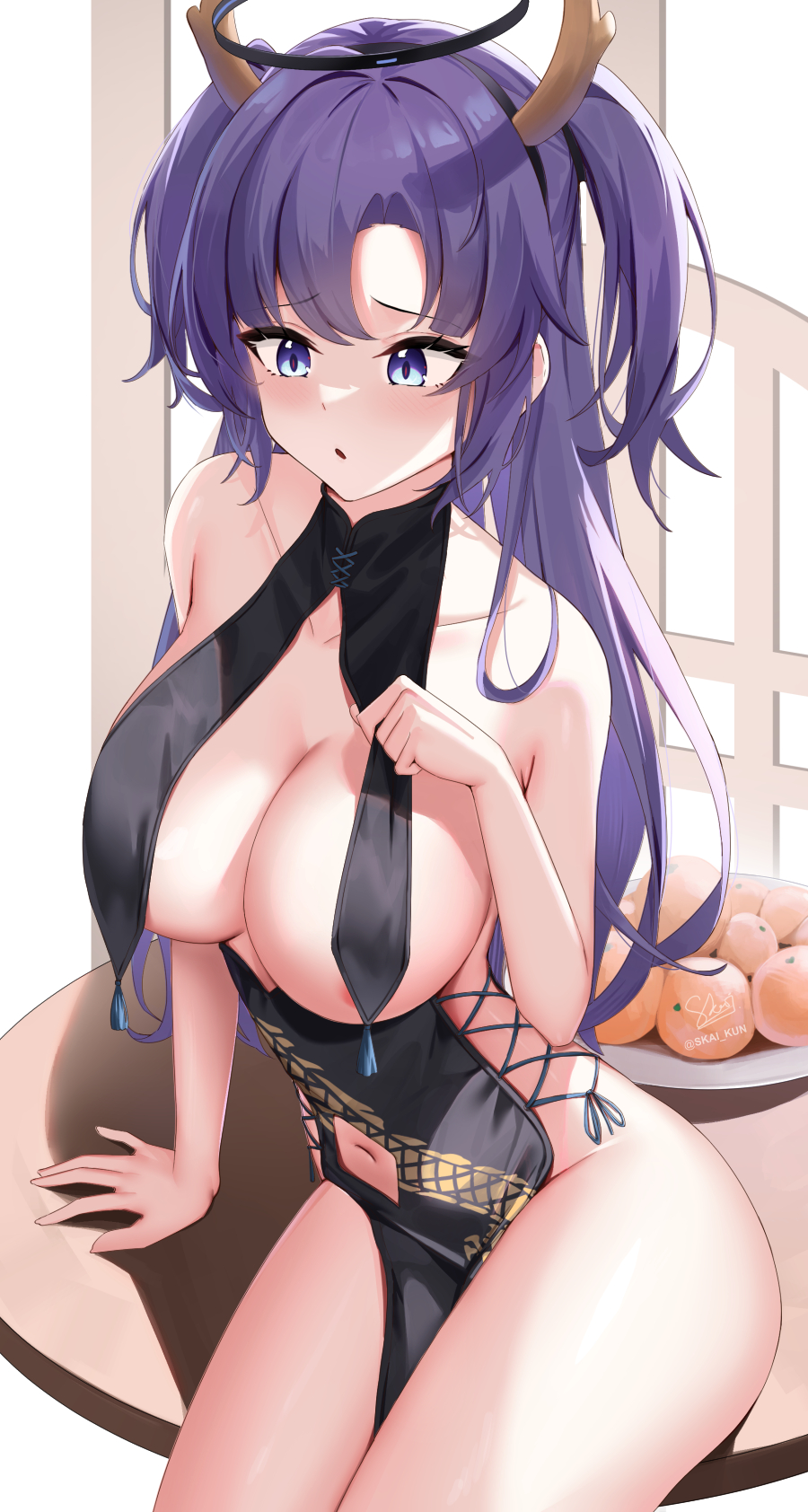 1girl areola_slip bare_shoulders black_dress blue_archive blue_eyes blush breast_curtains breasts cleavage clothing_cutout collarbone cross-laced_clothes dragon_print dress halo highres horns large_breasts long_hair long_sleeves looking_at_viewer mechanical_halo navel navel_cutout open_mouth pelvic_curtain purple_eyes purple_hair sideless_dress skai_kun solo thighs two_side_up yuuka_(blue_archive)
