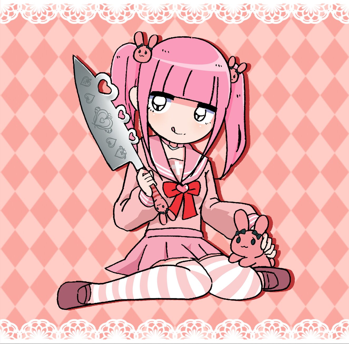 1girl :p animal argyle argyle_background black_eyes blunt_bangs blush bow bowtie ezaki_bisuko hair_ornament heart highres holding holding_knife holding_weapon knife menhera-chan_(ezaki_bisuko) menhera-chan_(ezaki_bisuko)_(character) pink_background pink_footwear pink_sailor_collar pink_serafuku pink_skirt pleated_skirt rabbit rabbit_hair_ornament red_bow red_bowtie sailor_collar school_uniform serafuku short_twintails skirt solo striped_clothes striped_thighhighs thighhighs tongue tongue_out twintails weapon