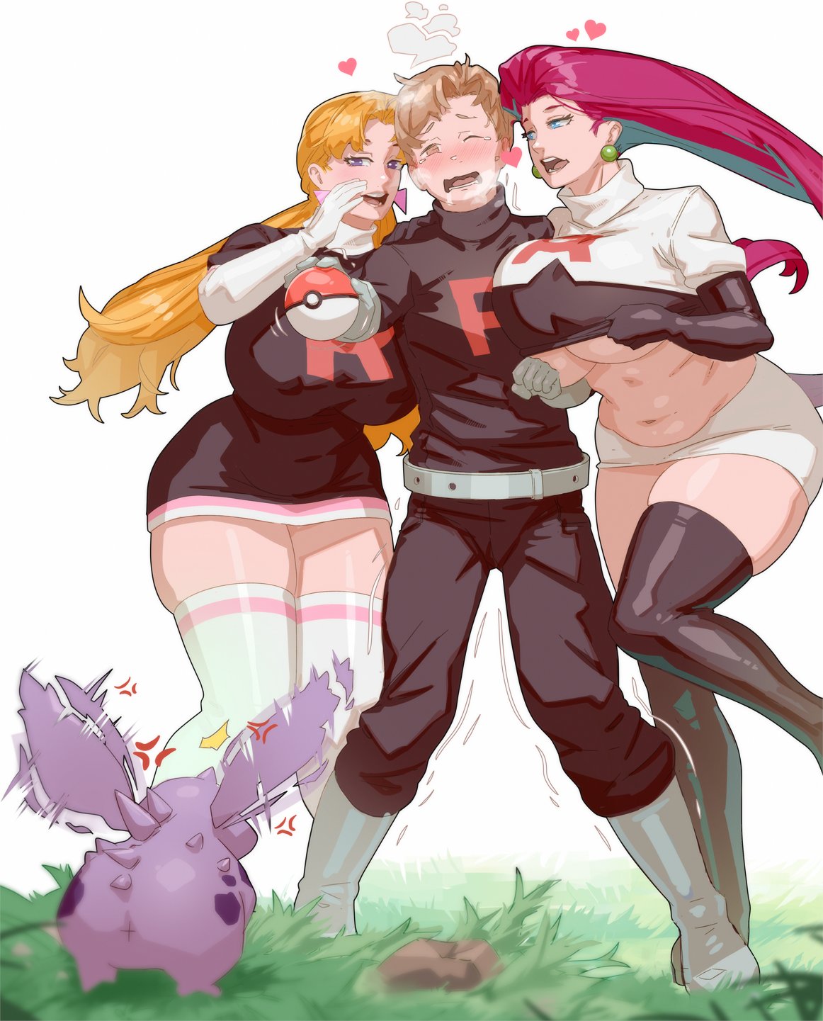 anus big_breasts blonde_hair blush bottomwear breasts clothed clothing clothing_lift cross-popping_vein dress female feral generation_1_pokemon group hair hi_res huge_breasts human jessie_(team_rocket) legwear long_hair male male/female mammal materclaws mature_female miniskirt navel nidoran nidoran♂ nintendo pokemon pokemon_(species) red_hair shirt shirt_lift skimpy skindentation skirt slightly_chubby team_rocket thick_thighs thigh_highs topwear under_boob wide_hips