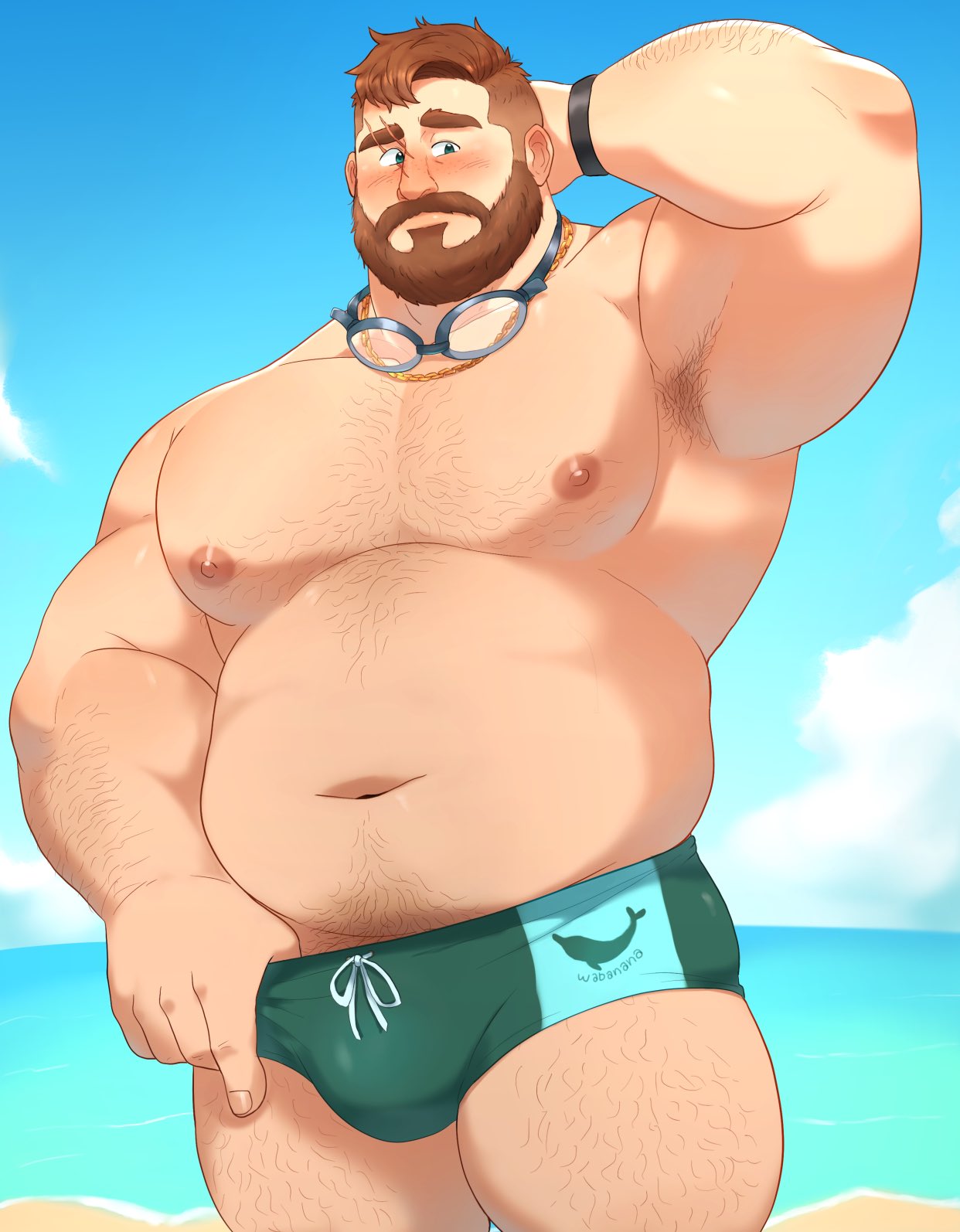 1boy arm_hair armpit_stubble bara beach beard belly blush brown_hair coral_island cowboy_shot dogoronumber3 facial_hair finger_under_clothes full_beard goggles goggles_around_neck green_male_swimwear hairy highres huge_pectorals male_focus male_swimwear male_swimwear_pull mark_(coral_island) muscular muscular_male plump pulled_by_self sand short_hair shy smile solo sparse_arm_hair sparse_chest_hair sparse_leg_hair sparse_navel_hair sunlight swim_briefs thick_beard water