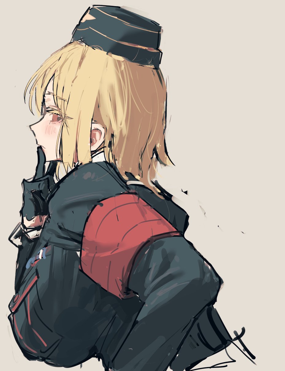 1girl akitaka_takaaki alternate_breast_size armband black_gloves black_jacket blonde_hair blush breasts colored_eyelashes from_side german_clothes girls'_frontline gloves hat highres jacket large_breasts medium_hair military_hat military_jacket military_uniform mp40_(girls'_frontline) red_armband red_eyes uniform