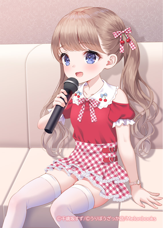 1girl blue_eyes brown_hair chitosezaka_suzu commentary couch hair_bobbles hair_ornament holding holding_microphone long_hair microphone miniskirt music open_mouth original plaid plaid_skirt red_shirt ribbon shirt short_sleeves singing sitting skindentation skirt smile solo symbol-only_commentary thighhighs thighs twintails watch wavy_hair white_thighhighs wristwatch zettai_ryouiki