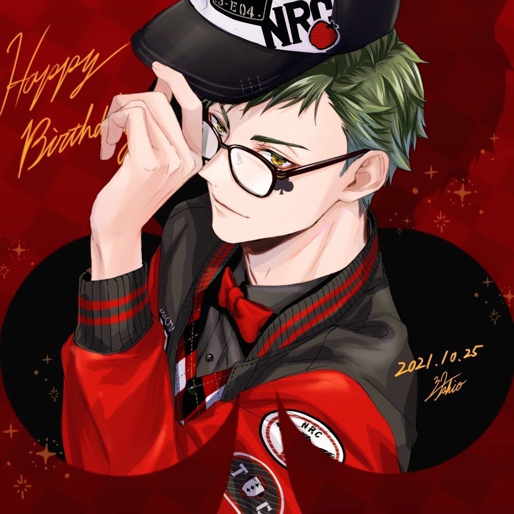 1boy argyle argyle_background baseball_cap black_headwear black_shirt bow bowtie clover clover_facial_mark collared_shirt commentary_request dated glasses green_hair happy_birthday hat jacket letterman_jacket long_sleeves looking_at_viewer male_focus official_alternate_costume okurabaakaa red_background red_bow red_bowtie shirt signature smile solo trey_clover twisted_wonderland upper_body yellow_eyes