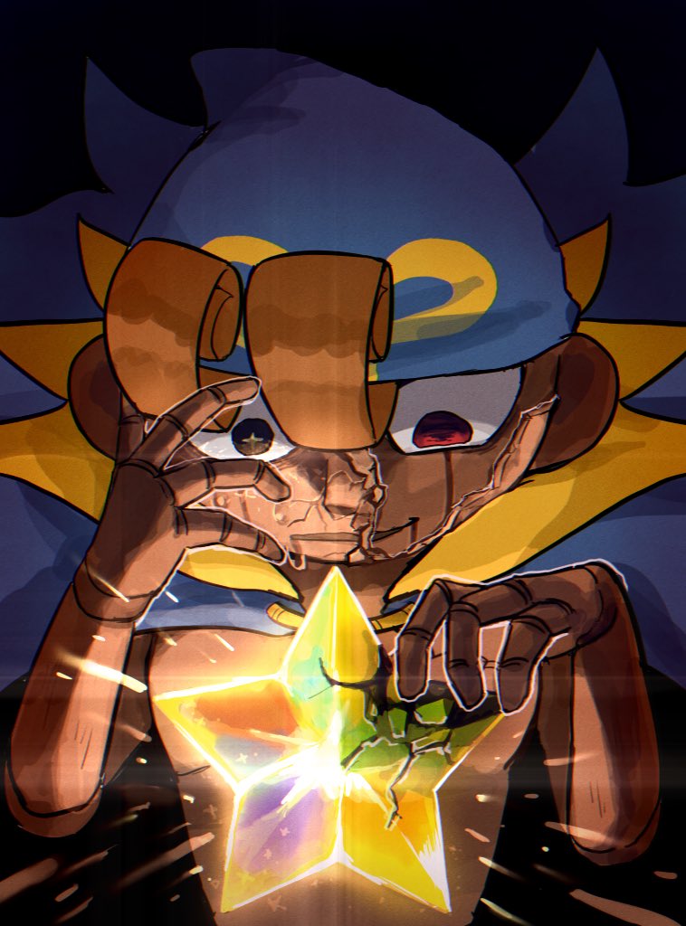 1boy blue_cape blue_headwear breaking cape corruption cracked_skin crying crying_with_eyes_open dark_persona despair doll_joints evil_smile futa_nin geno_(mario) glowing hand_over_eye hat high_collar joints mario_(series) orange_hair pointy_hat puppet red_eyes smile star_(symbol) streaming_tears super_mario_rpg tears