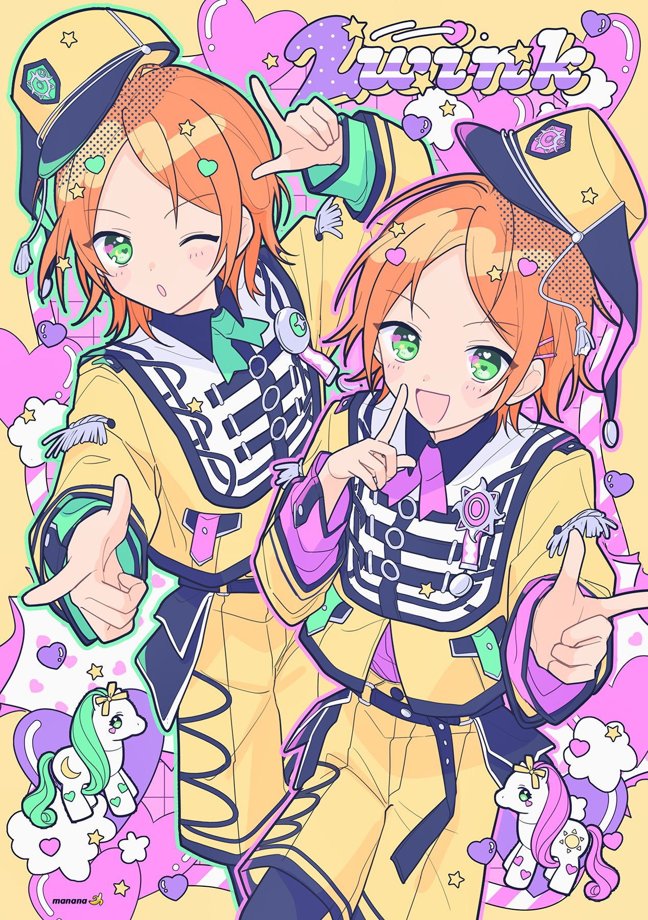 2boys 2wink_(ensemble_stars!) :d :o aoi_hinata aoi_yuta band_uniform belt blush blush_stickers cowboy_shot english_text ensemble_stars! finger_frame finger_to_mouth forehead green_eyes green_neckerchief group_name hair_ornament hairclip happypuppy_guu headwear_request heart heart-shaped_pupils highres long_sleeves multiple_boys my_little_pony neckerchief one_eye_closed open_mouth orange_hair parted_bangs pink_neckerchief pointing shirt short_hair shorts siblings signature smile symbol-shaped_pupils twins yellow_headwear yellow_shirt