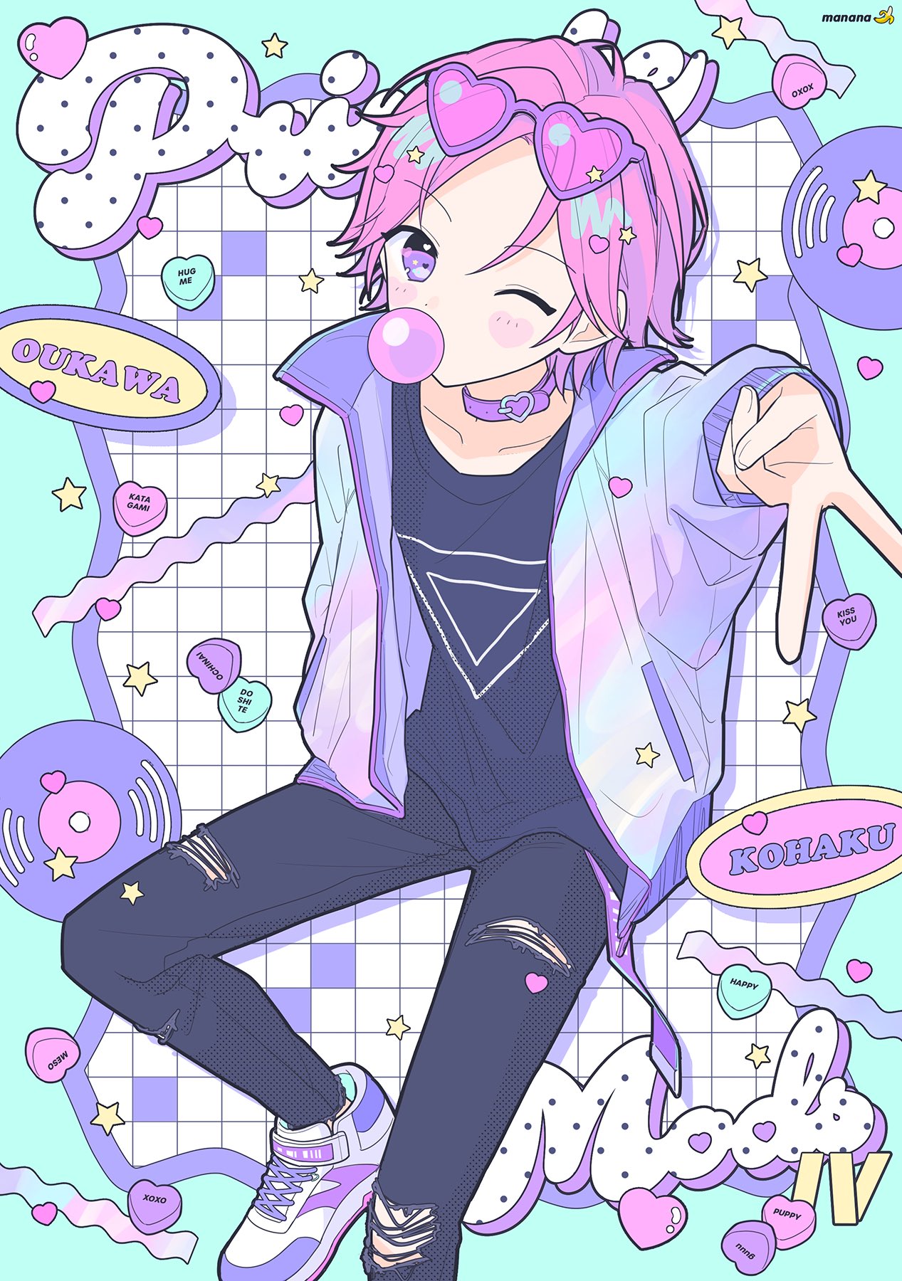 1boy black_pants black_shirt bubble_blowing candy_heart character_name chewing_gum choker english_text ensemble_stars! eyewear_on_head foot_out_of_frame grid hand_in_pocket happypuppy_guu heart heart-shaped_blush_stickers heart-shaped_eyewear highres holographic_clothing invisible_chair jacket layered_clothes long_sleeves multicolored_clothes multicolored_jacket one_eye_closed open_clothes open_jacket oukawa_kohaku pants pink_hair print_shirt purple_eyes record shirt shoes signature sitting sneakers solo squiggle star_(symbol) sunglasses torn_clothes torn_pants v