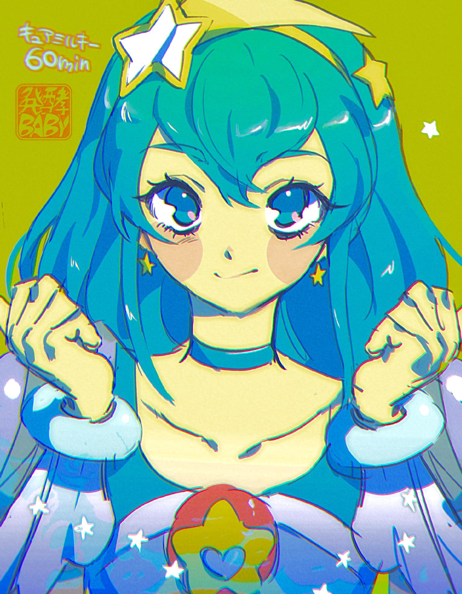 1girl artist_logo babibu_baby blue_choker blue_eyes blue_hair blue_shirt bracelet character_name choker chromatic_aberration clenched_hands closed_mouth collarbone commentary cure_milky earrings english_commentary green_background hagoromo_lala hair_ornament hairband hands_up highres jewelry long_hair looking_at_viewer one-hour_drawing_challenge precure shirt shooting_star_hair_ornament simple_background smile solo star_(symbol) star_earrings star_hair_ornament star_twinkle_precure straight-on upper_body upturned_eyes yellow_hairband