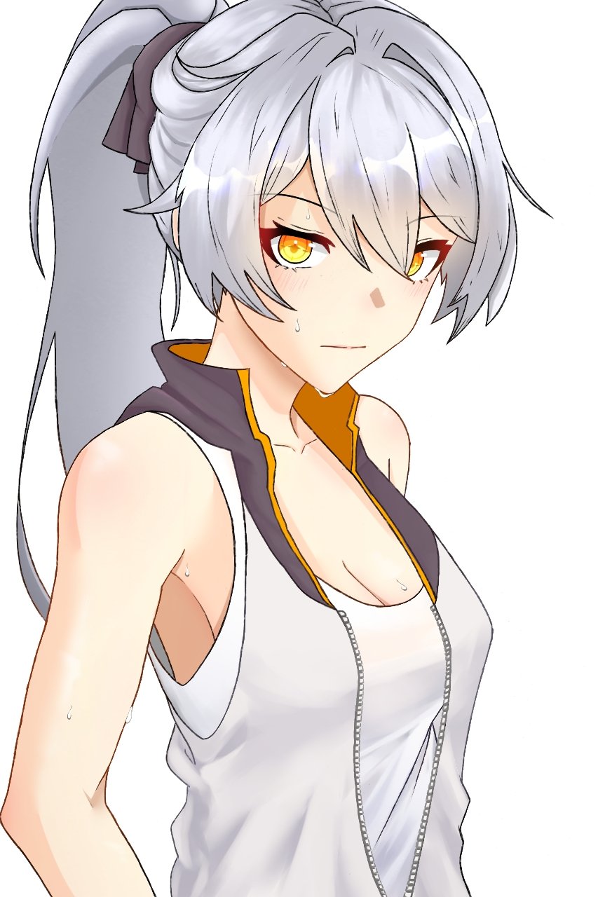 1girl bare_shoulders breasts cleavage closed_mouth commentary english_commentary grey_hair hair_between_eyes hair_intakes highres honkai_(series) honkai_impact_3rd jacket kiana_kaslana kiana_kaslana_(herrscher_of_the_void) long_hair medium_breasts no_name_art open_clothes open_jacket orange_eyes ponytail simple_background sleeveless sleeveless_jacket solo sweat tank_top upper_body white_background white_jacket white_tank_top