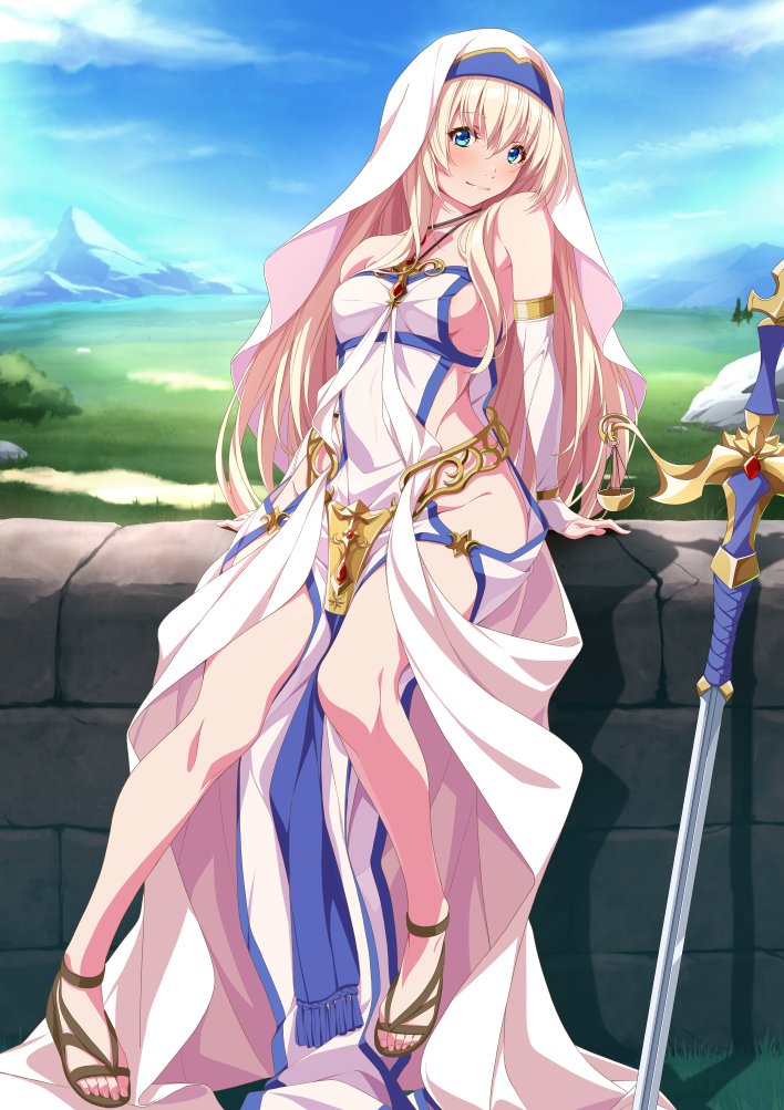 1girl aqua_eyes blonde_hair blush breasts commission cosplay full_body goblin_slayer! long_hair looking_at_viewer medium_breasts mountainous_horizon priestess_(goblin_slayer!) qwel_08 scenery sideboob sitting_on_wall skeb_commission smile solo sword sword_maiden sword_maiden_(cosplay) toes very_long_hair vlush weapon weighing_scale