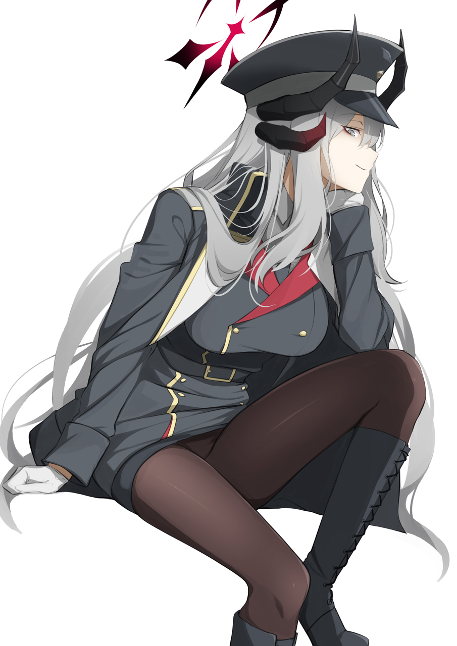 1girl black_coat black_footwear black_headwear black_horns black_pantyhose blue_archive boots breasts closed_mouth coat demon_horns grey_eyes grey_hair halo hat highres horns knee_boots large_breasts long_hair long_sleeves makoto_(blue_archive) pantyhose peaked_cap red_halo simple_background smile solo white_background yu-ta