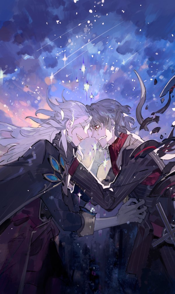 2boys :d ^_^ antonio_salieri_(fate) antonio_salieri_(second_ascension)_(fate) armor ascot black_cape black_gloves black_jacket black_shirt black_suit broken_armor cape clenched_teeth closed_eyes cloud coat commentary cowboy_shot cross crying crying_with_eyes_open curly_hair english_commentary fate/grand_order fate_(series) from_side gloves hair_between_eyes hair_slicked_back half_updo hand_up jacket long_hair long_sleeves looking_at_another male_focus medium_hair multiple_boys pinstripe_jacket pinstripe_pattern pinstripe_suit profile purple_coat red_ascot red_eyes shirt sky sleeve_cuffs sleeves_past_elbows smile star_(sky) starry_sky starshadowmagician strangling suit tears teeth white_gloves white_hair wolfgang_amadeus_mozart_(fate)