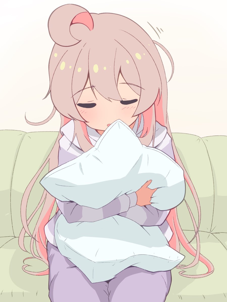 1girl ahoge closed_eyes commentary couch grey_hair hair_between_eyes highres hugging_object long_hair long_sleeves messy_hair multicolored_hair onii-chan_wa_oshimai! open_mouth oyama_mahiro pajamas pillow pillow_hug pink_hair purple_pajamas simple_background sitting sleeping sleeping_upright solo two-tone_hair unkimo very_long_hair white_background