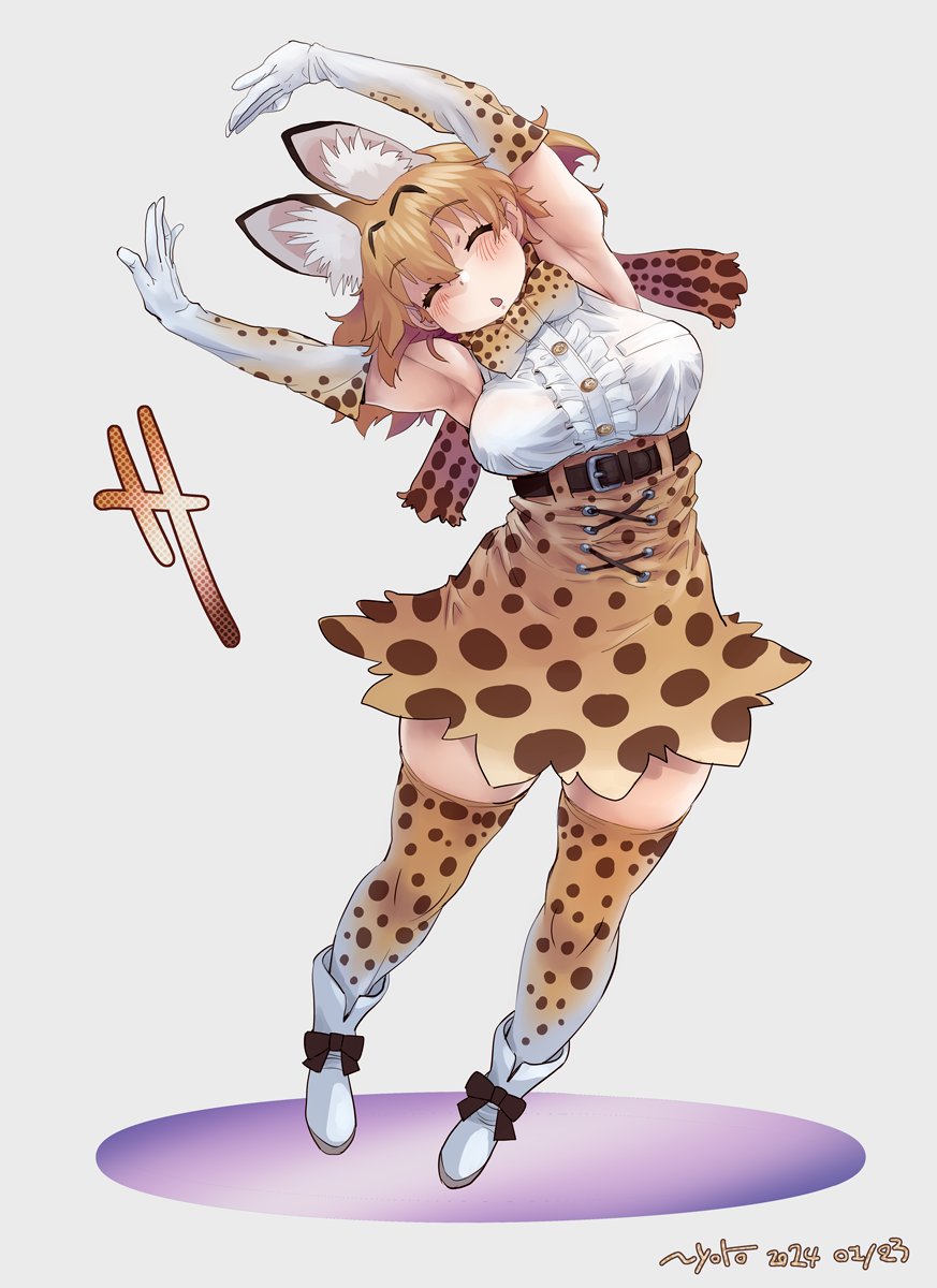 1girl animal_ears armpits blonde_hair bow bowtie breasts closed_eyes elbow_gloves flexing gloves highres kemono_friends large_breasts nyororiso_(muyaa) open_mouth posing print_bow print_bowtie serval_(kemono_friends) serval_print shirt short_hair skirt sleeveless tail thighhighs