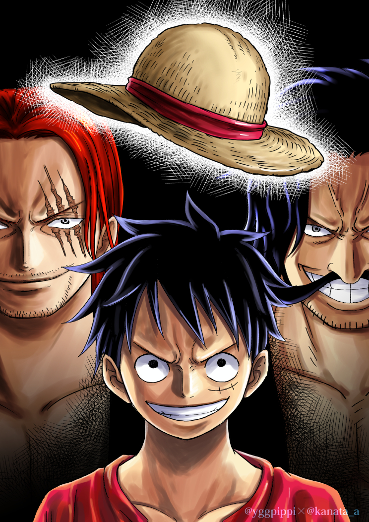 3boys artist_name black_eyes black_hair clenched_teeth closed_mouth collarbone commentary_request facial_hair gol_d._roger hat kanata_a looking_at_viewer male_focus monkey_d._luffy multiple_boys mustache one_piece red_hair scar scar_across_eye scar_on_face shanks_(one_piece) short_hair smile straw_hat teeth unworn_hat unworn_headwear