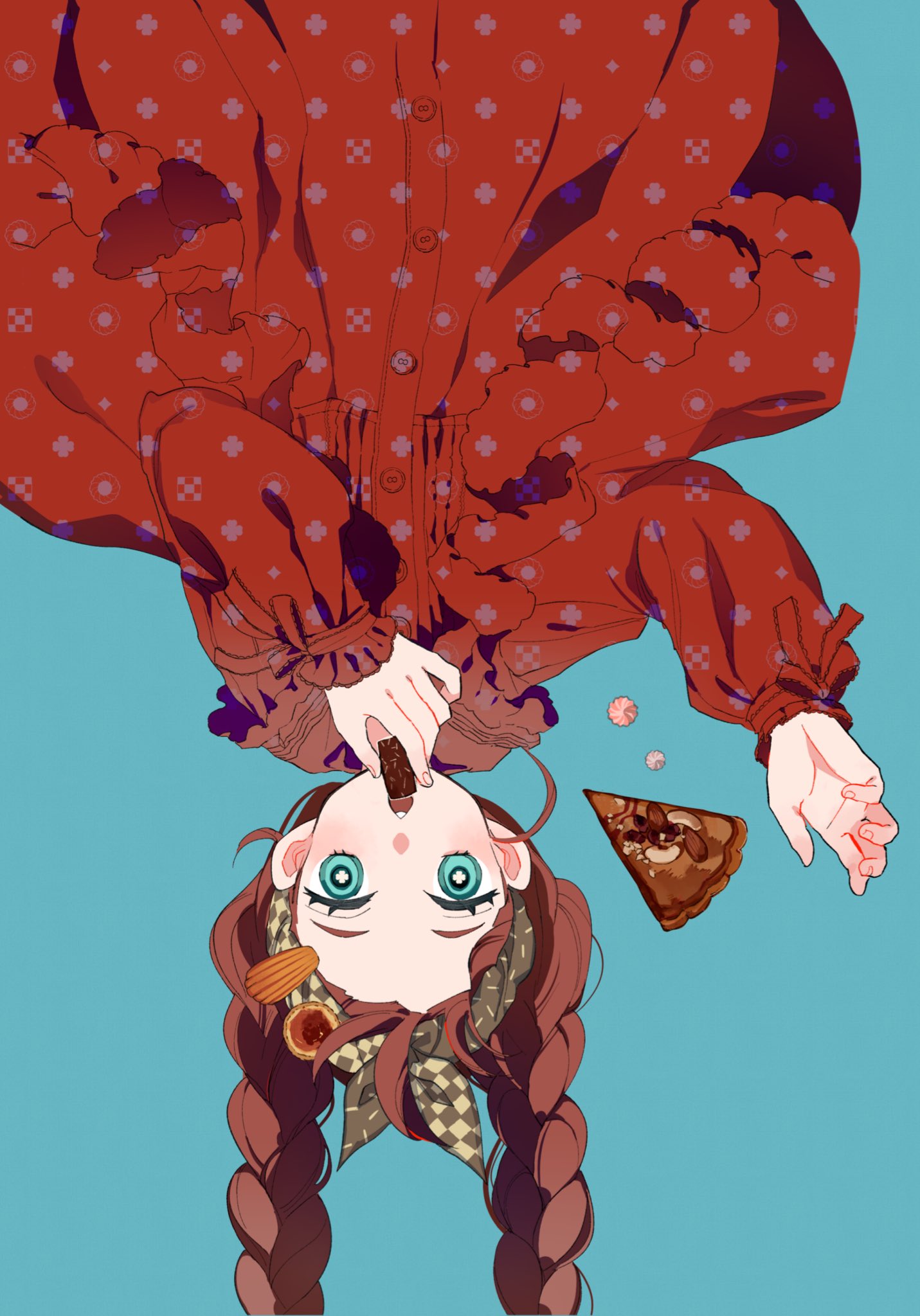 1girl aqua_eyes blue_background braid chestnut_mouth chocolate collared_dress cowboy_shot dress dropping eating food hair_ornament hairclip hands_up headdress higashino highres holding holding_food long_sleeves looking_at_viewer original pie pie_slice print_dress red_dress red_hair simple_background solo twin_braids twintails unmoving_pattern upside-down