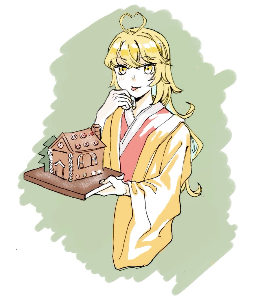 1other :p androgynous antenna_hair ascot blonde_hair closed_mouth fingernails gingerbread_house green_background hair_down haori heart heart_antenna_hair heart_in_eye holding holding_tray jacket japanese_clothes jishixingle1029 kimono len'en licking licking_finger light_blush long_hair long_sleeves looking_at_viewer ooama_no_ake_no_mitori open_clothes open_jacket other_focus red_kimono simple_background smile solo symbol_in_eye tongue tongue_out tray two-tone_background upper_body white_background wide_sleeves yellow_ascot yellow_eyes yellow_sleeves