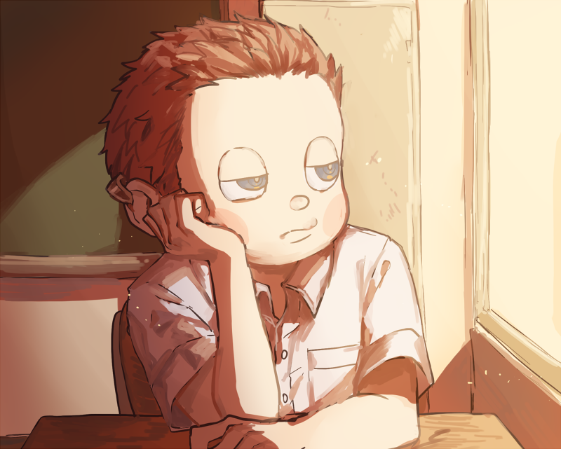 1boy arm_on_table blush_stickers bored brown_hair buttons chalkboard classroom closed_mouth collared_shirt commentary_request danganronpa_(series) danganronpa_v3:_killing_harmony desk elbow_on_table frown grey_eyes half-closed_eyes hand_on_own_cheek hand_on_own_face hoshi_ryoma indoors kogarashi_8 looking_outside partial_commentary pocket school_desk school_uniform shirt short_hair short_sleeves solo sunlight upper_body very_short_hair wavy_mouth white_shirt white_sleeves window