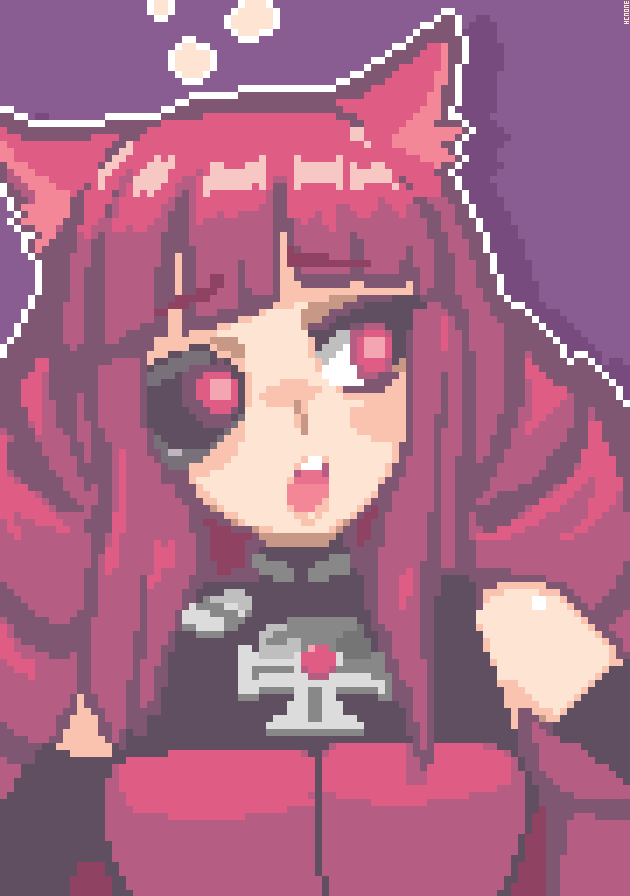 1girl animal_ears artificial_eye bare_shoulders blunt_bangs drill_hair hcnone open_mouth pixel_art purple_background quad_drills red_eyes red_hair sidelocks solo stella_hoshii surprised teeth upper_body upper_teeth_only va-11_hall-a