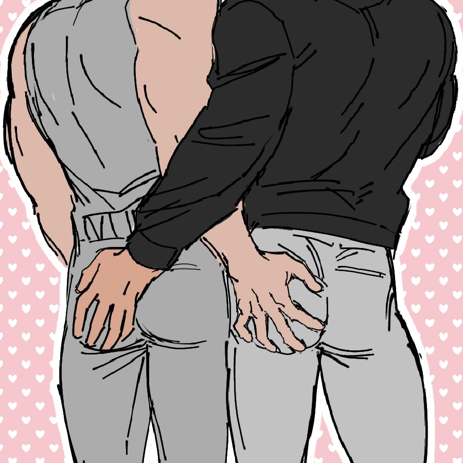 2boys aikawa_(dorohedoro) ass_grab back bara blush clenched_teeth couple dorohedoro facial_hair head_out_of_frame heart heart_background lower_body male_focus medium_sideburns multiple_boys muscular muscular_male mutual_ass_grab pants risu_(dorohedoro) sasaki_(ssk_p3) shy side-by-side sideburns_stubble stubble teeth thick_eyebrows yaoi