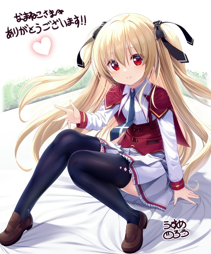 1girl arm_at_side arm_support bed_sheet black_ribbon black_thighhighs blonde_hair blue_necktie brown_footwear closed_mouth commentary_request commission corset cosplay eyes_visible_through_hair floating_hair frilled_skirt frills full_body hair_between_eyes hair_ribbon hand_up heart irotoridori_no_sekai knees_together_feet_apart knees_up light_blush loafers long_hair long_sleeves looking_at_viewer necktie nikaidou_shinku pleated_skirt primal_hearts red_corset red_eyes ribbon school_uniform shirt shoes signature simple_background sitting skeb_commission skirt smile solo split_mouth straight_hair tenjindaira_haruhi tenjindaira_haruhi_(cosplay) thighhighs two_side_up usume_shirou very_long_hair waving white_background white_shirt white_skirt