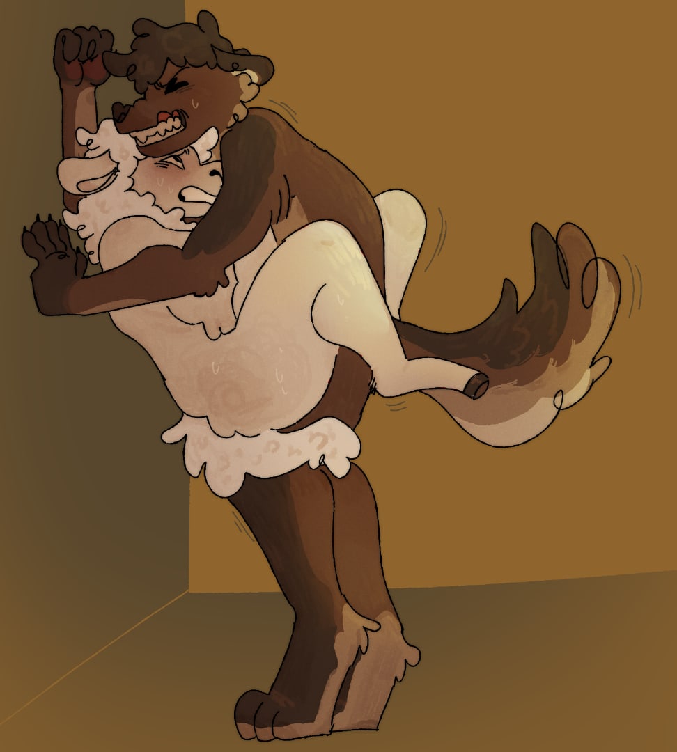 ambiguous_gender ambiguous_penetrated anthro anthro_on_anthro anthro_penetrated anthro_penetrating anthro_penetrating_anthro bodily_fluids bovid brown_body brown_fur brown_hair bucklucky canid caprine duo eyes_closed fur hair male male/ambiguous male_penetrating male_penetrating_ambiguous mammal nude obscured_penetration penetration sex sheep short_hair standing standing_sex sweat tan_body tan_fur teeth white_hair