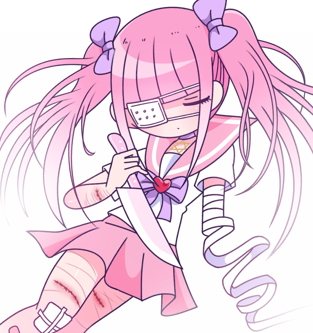 1girl bandaged_arm bandages bandaid bandaid_on_leg blunt_bangs bow bowtie closed_eyes closed_mouth collar eyepatch eyewear_strap ezaki_bisuko gauze_on_leg hair_bow heart hexagram highres holding holding_knife jewelry knife menhera-chan_(ezaki_bisuko) menhera-chan_(ezaki_bisuko)_(character) necklace pink_hair pink_sailor_collar pink_skirt pleated_skirt purple_bow purple_bowtie purple_collar sailor_collar school_uniform self-harm self-harm_scar serafuku sidelocks skirt solo star_of_david twintails white_background white_serafuku