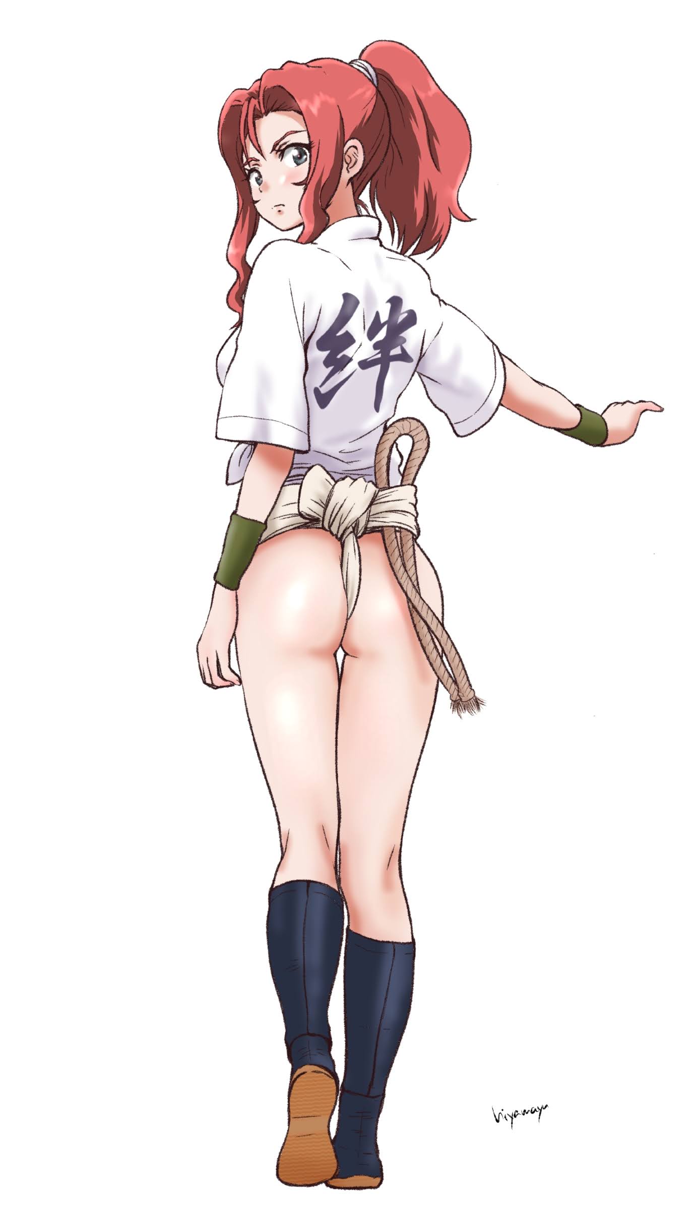 1girl absurdres ass blue_eyes blush breasts closed_mouth from_behind fundoshi girls_und_panzer highres hiyama_yuu_(wee259hiyama) japanese_clothes long_hair looking_at_viewer looking_back maiko_(girls_und_panzer) medium_breasts ponytail red_hair signature simple_background solo white_background