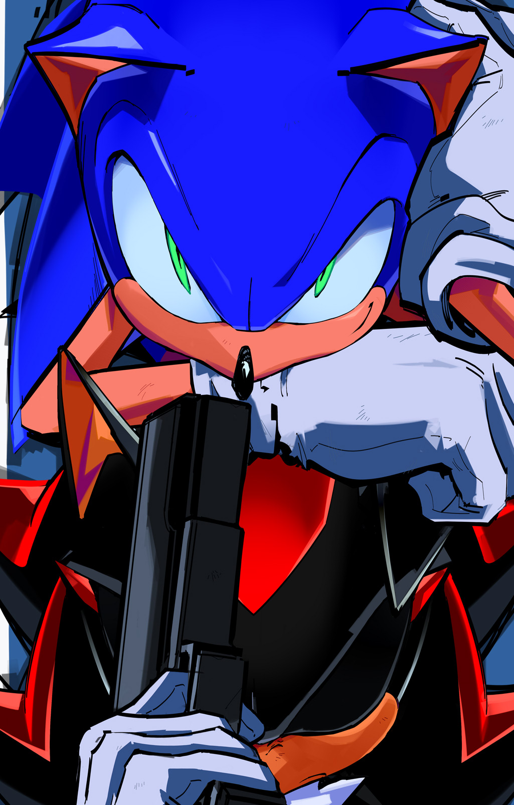 2boys closed_mouth furry furry_male gloves green_eyes gun handgun highres holding holding_gun holding_weapon kokusoji looking_at_viewer male_focus multiple_boys no_humans shadow_the_hedgehog simple_background sonic_(series) sonic_the_hedgehog weapon white_gloves