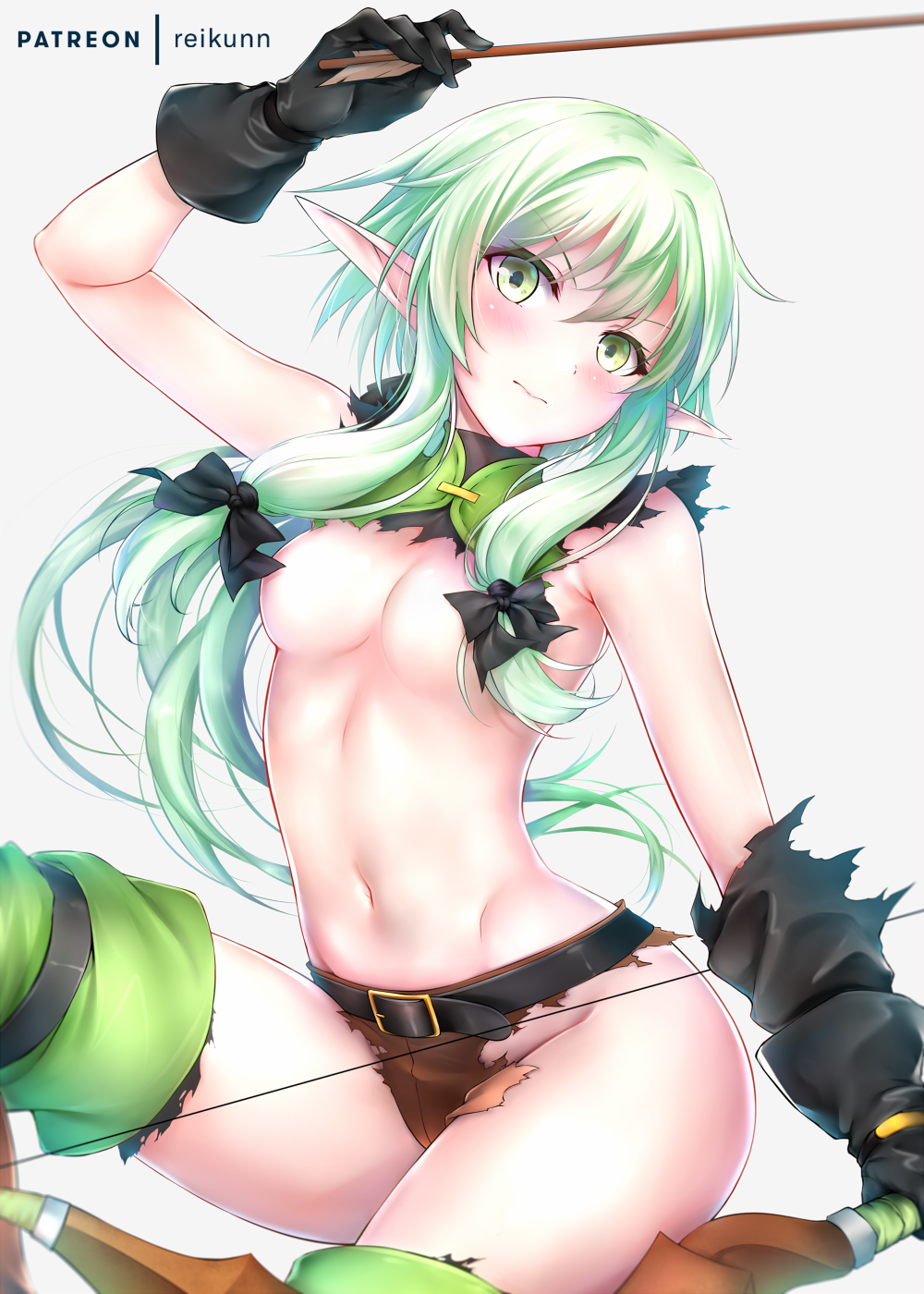 arm_up arrow artist_name bad_id bad_pixiv_id belt black_bow blush bow bow_(weapon) breasts commentary_request elf eyebrows_visible_through_hair gloves goblin_slayer! green_eyes green_hair hair_bow hair_censor hair_over_breasts hair_ribbon high_elf_archer_(goblin_slayer!) highres holding holding_arrow holding_bow_(weapon) holding_weapon long_hair looking_at_viewer navel one_knee patreon_username pointy_ears rei_kun ribbon shorts sidelocks simple_background small_breasts smile solo stomach thighhighs torn_clothes tress_ribbon weapon