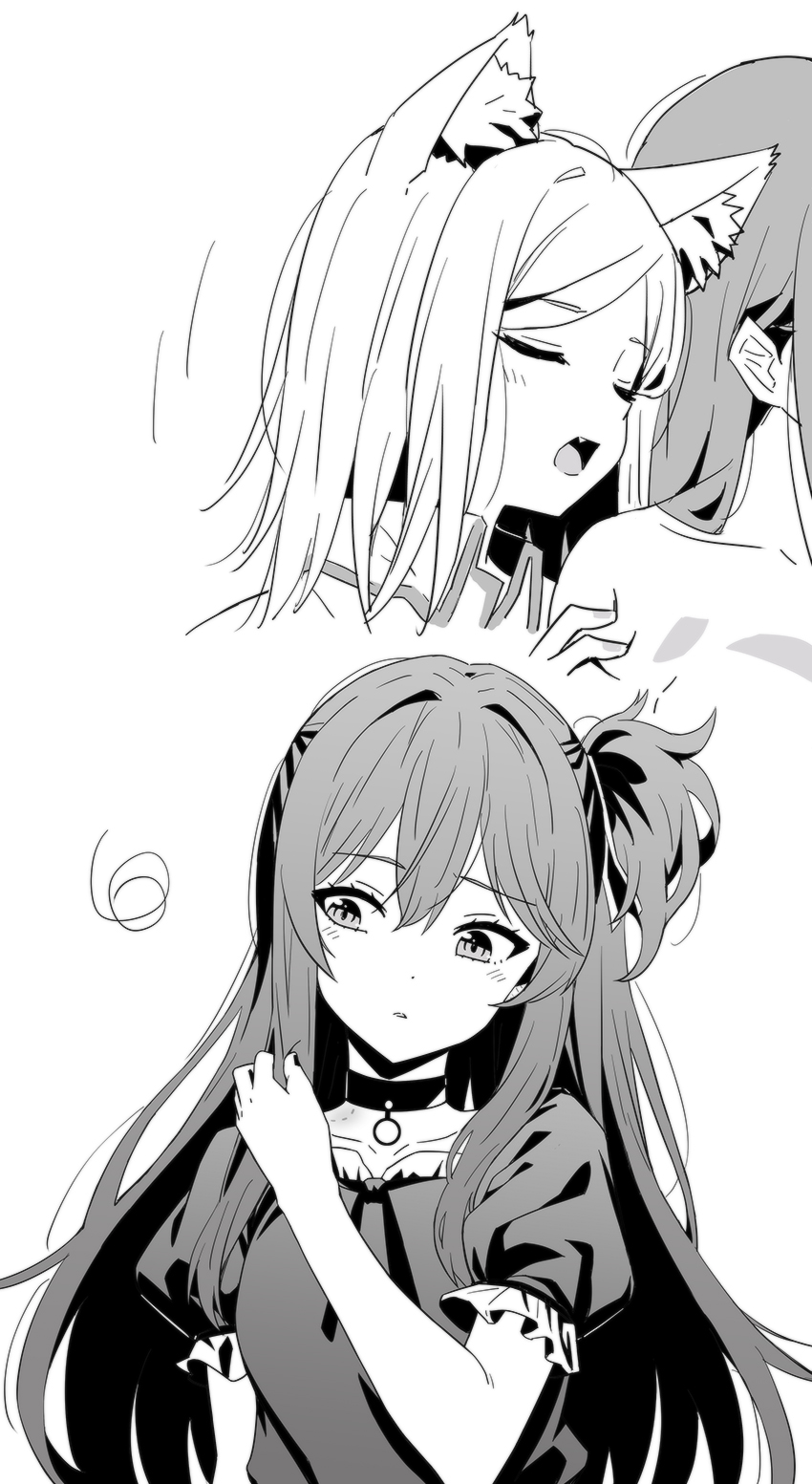 2girls bite_mark choker closed_eyes collared_shirt dress fang greyscale hand_on_another's_shoulder highres imminent_bite izumi_shiho kemonomimi_mode long_hair lwmina70119 medium_hair mizuguchi_aki monochrome multiple_girls one_side_up open_mouth sasayaku_you_ni_koi_wo_utau shirt yuri