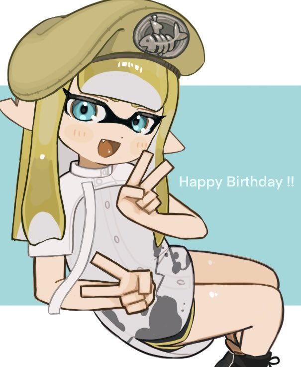1girl :d beret blonde_hair blue_background blue_eyes commentary_request double_v eyelashes fang feet_out_of_frame happy_birthday hat inkling_girl inkling_player_character invisible_chair long_hair looking_at_viewer mt38lg open_mouth pointy_ears shirt sitting smile solo splatoon_(series) splatoon_3 tentacle_hair two-tone_background v white_background white_shirt yellow_headwear