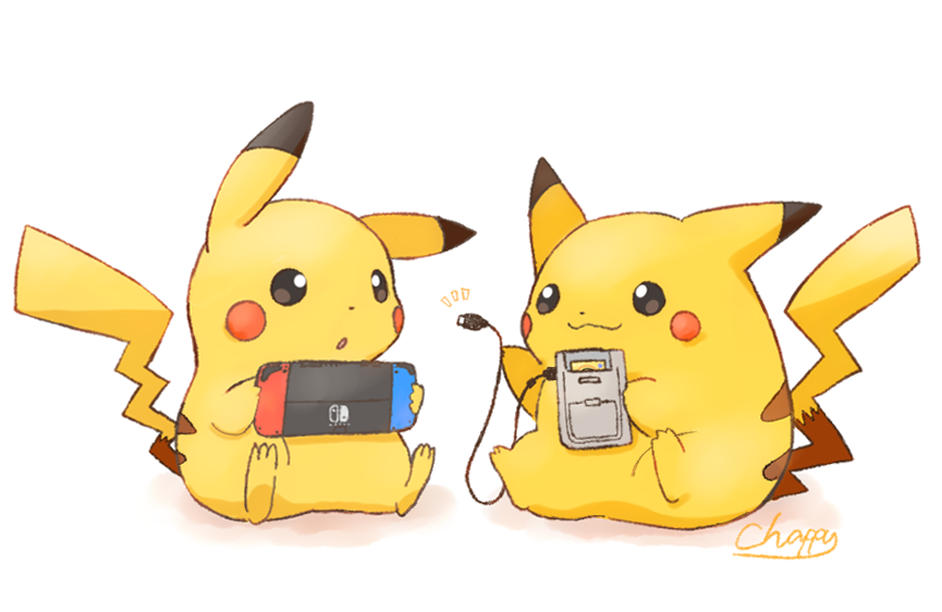 2others :3 commentary_request creature dual_persona game_boy game_boy_(original) game_link_cable handheld_game_console mimix multiple_others nintendo_switch no_humans pikachu pokemon pokemon_(creature) signature simple_background sitting tail white_background