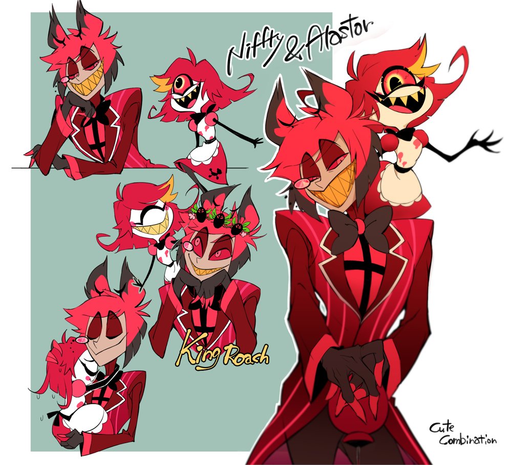1boy 1girl alastor_(hazbin_hotel) animal_ears apron black_bow black_bowtie bow bowtie cane character_name coat colored_sclera colored_skin cyclops deer_ears dress english_text evil_grin evil_smile grey_skin grin hand_on_another's_head hazbin_hotel head_wreath hug kotobuki_toro long_sleeves looking_at_another multiple_views niffty_(hazbin_hotel) one-eyed red_dress red_eyes red_hair red_sclera size_difference smile striped_coat white_apron white_skin yellow_teeth
