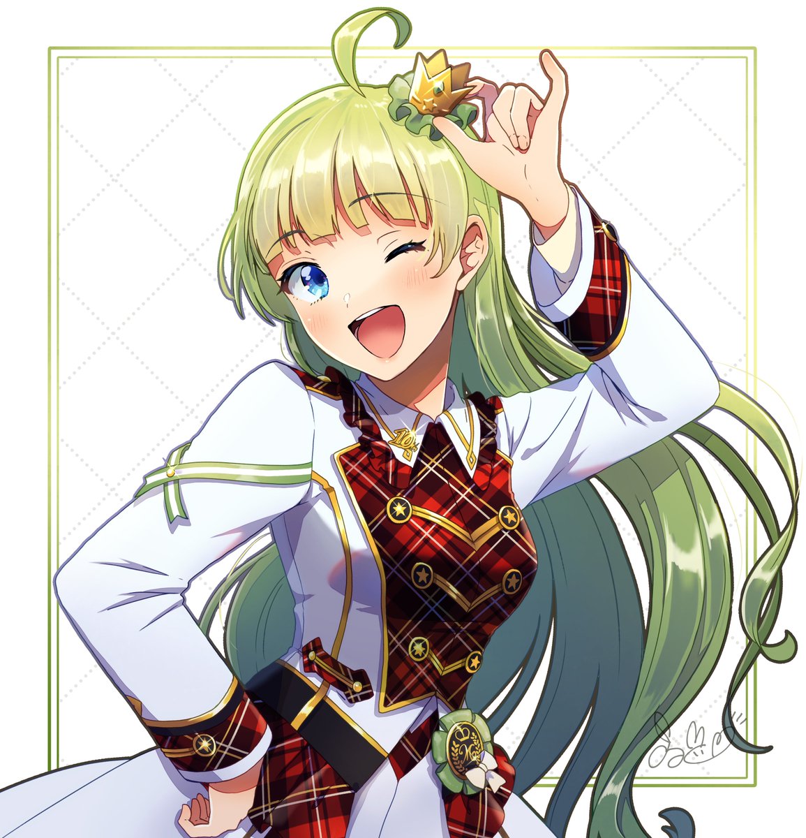 1girl adjusting_clothes adjusting_headwear ahoge argyle argyle_background arm_ribbon badge blue_eyes blunt_bangs border collar collared_shirt commentary_request cowboy_shot crown eyelashes fingernails frilled_hat frilled_shirt_collar frills gold_trim green_hair green_ribbon hand_on_own_hip hat highres idol idolmaster idolmaster_million_live! jacket lapels layered_sleeves light_blush long_hair long_sleeves mini_crown one_eye_closed open_clothes open_jacket open_mouth outside_border palms plaid plaid_shirt red_shirt ribbon shimabara_elena shirt signature simple_background skirt smile solo star_(symbol) star_print teeth upper_teeth_only wavy_hair white_background white_border white_collar white_jacket white_skirt white_sleeves witoi_(roa) yellow_headwear