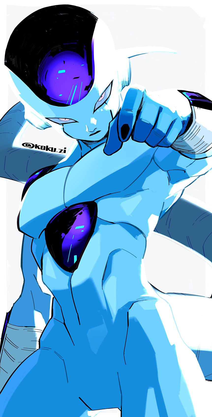 1boy alien black_nails blue_skin closed_mouth colored_skin dragon_ball dragon_ball_z frieza highres kokusoji looking_at_viewer male_focus no_humans pointing pointing_at_viewer simple_background solo tail twitter_username white_background white_eyes