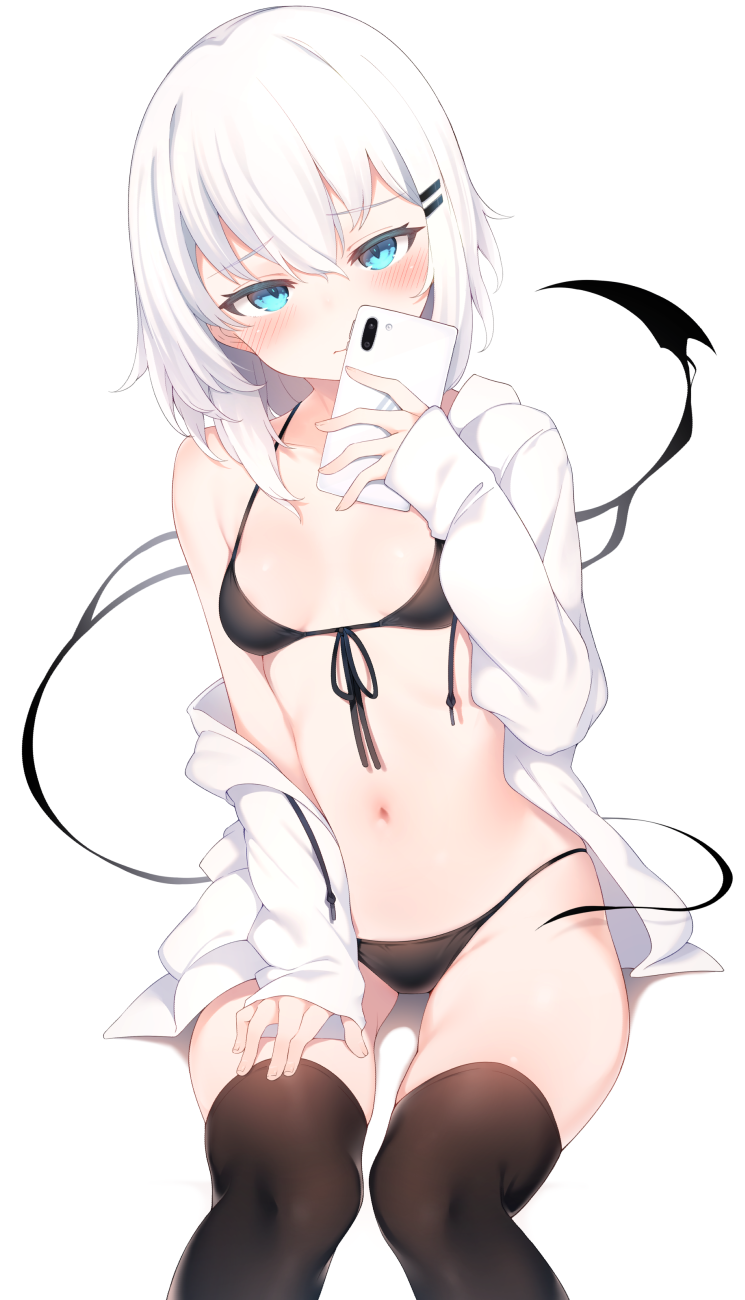 1girl bikini black_bikini black_thighhighs blue_eyes blush breasts cellphone front-tie_bikini_top front-tie_top hair_between_eyes hair_ornament hairclip highres holding holding_phone hood hooded_jacket jacket looking_at_viewer navel open_clothes open_jacket original otokuyou phone ringo-chan_(otokuyou) short_hair simple_background sitting small_breasts smartphone solo swimsuit thighhighs white_background white_hair white_jacket