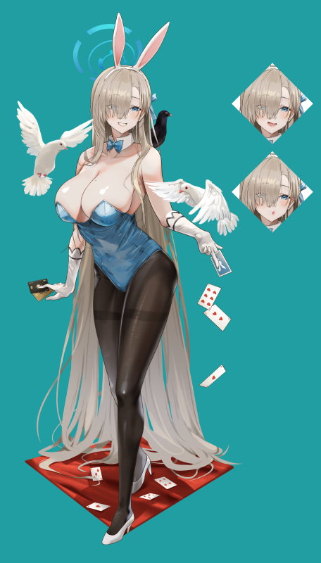1girl animal animal_ears asuna_(blue_archive) asuna_(bunny)_(blue_archive) bare_shoulders bird black_pantyhose blonde_hair blue_archive blue_eyes bow bowtie breasts card cleavage commentary_request covered_navel detached_collar expression_chart fake_animal_ears gloves halo haowei_wu high_heels long_hair pantyhose playboy_bunny playing_card rabbit_ears solo thighband_pantyhose very_long_hair white_footwear white_gloves