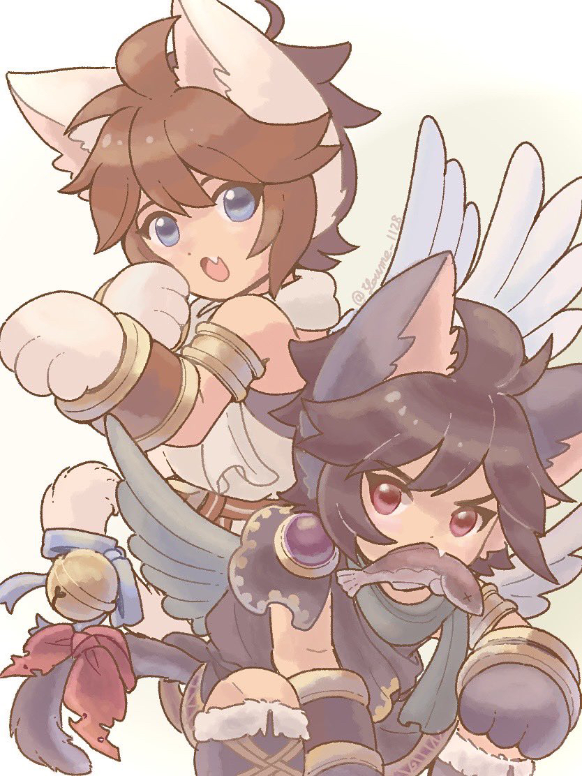 2boys ahoge angel angel_wings animal_ears animal_hands armlet bell black_hair blue_eyes brown_hair cat_day cat_ears cat_tail dark_pit fang fish kid_icarus kid_icarus_uprising male_focus mouth_hold multiple_boys pit_(kid_icarus) red_eyes siblings skin_fang suruga_kanade tail tail_bell tail_ornament twins twitter_username wings