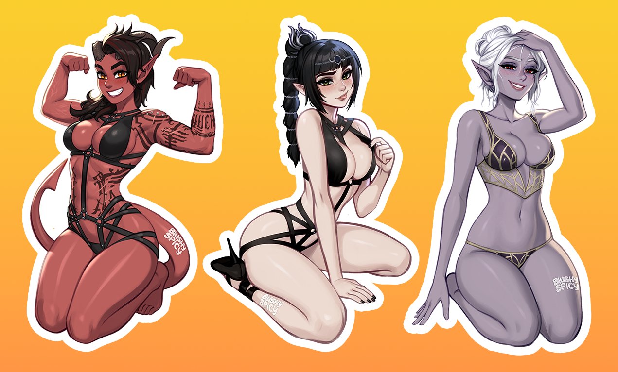 3girls arm_support artist_name baldur's_gate baldur's_gate_3 bare_shoulders barefoot black_hair black_nails blunt_bangs blush blushyspicy breasts brown_eyes cleavage collarbone colored_skin dark_elf demon_girl demon_horns demon_tail dungeons_and_dragons elf freckles grin high_heels horns karlach large_breasts minthara multi-tied_hair multiple_girls nail_polish navel o-ring orange_background outline pointy_ears red_skin shadowheart_(baldur's_gate) slit_pupils smile stomach tail teeth tongue tongue_out white_hair white_outline