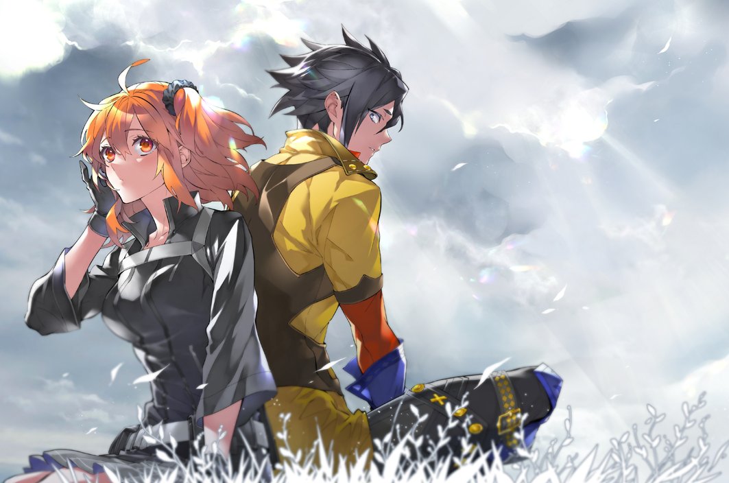 1boy 1girl ahoge back-to-back black_gloves black_hair black_shirt fate/grand_order fate_(series) fujimaru_ritsuka_(female) gloves grey_sky hair_ornament hair_scrunchie kotobuki_toro light_rays looking_ahead looking_back mandricardo_(fate) one_side_up orange_eyes orange_hair outdoors scrunchie shirt short_hair sitting skirt sky sunbeam sunlight yellow_shirt