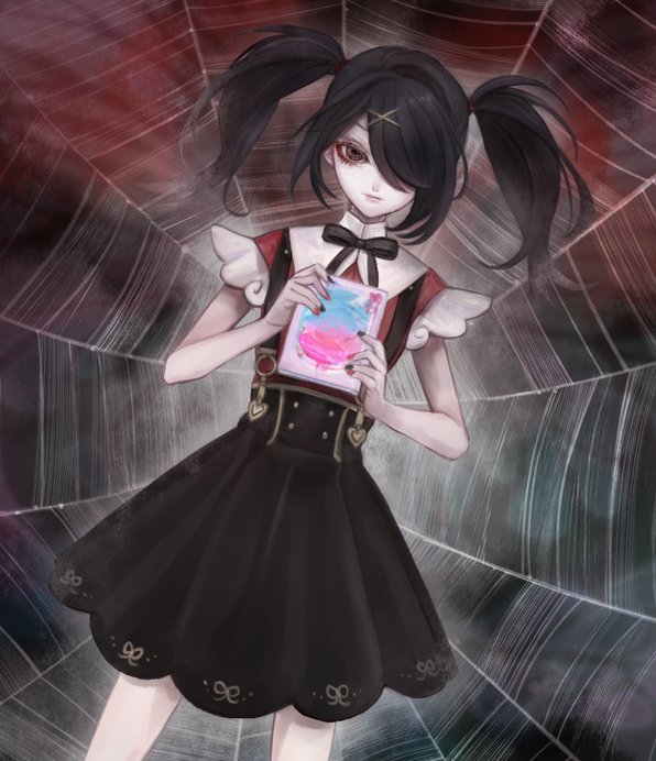 1girl ame-chan_(needy_girl_overdose) artist_request black_eyes black_hair black_ribbon book bow hair_bow hair_ornament hair_over_one_eye holding holding_book jirai_kei light_smile looking_at_viewer neck_ribbon needy_girl_overdose red_shirt ribbon second-party_source shirt silk skirt solo spider_web suspender_skirt suspenders twintails x_hair_ornament