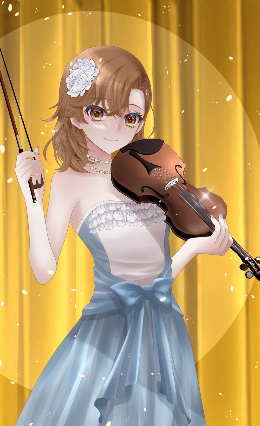 1girl blue_bow bow breasts brown_eyes brown_hair confetti cowboy_shot dress dress_bow flower formal frilled_dress frills hair_flower hair_ornament highres holding holding_instrument holding_violin instrument jewelry looking_at_viewer medium_breasts misaka_mikoto necklace pearl_necklace pink_nails rose sleeveless sleeveless_dress small_breasts smile solo stage_curtains stage_lights standing tacchin_ichi-gou toaru_majutsu_no_index two-tone_dress violin white_flower white_rose