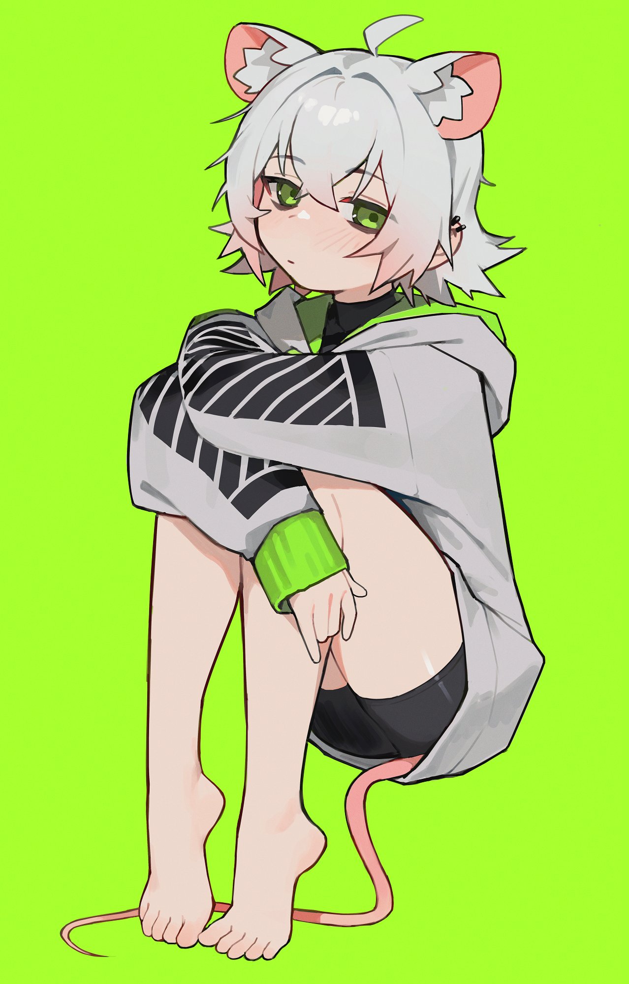 1girl ahoge animal_ear_fluff animal_ears arms_on_knees bare_legs bike_shorts black_shirt blush closed_mouth commentary crossed_arms crossed_bangs ear_piercing feet full_body green_background green_eyes grey_hair grey_hoodie hair_between_eyes highres hood hood_down hoodie hugging_own_legs jewelry knees_up long_sleeves looking_at_viewer mouse_ears mouse_girl mouse_tail original perl_(vertigris) piercing shirt short_hair sidelocks simple_background sitting sleeves_past_wrists solo symbol-only_commentary tail toes turtleneck vertigris