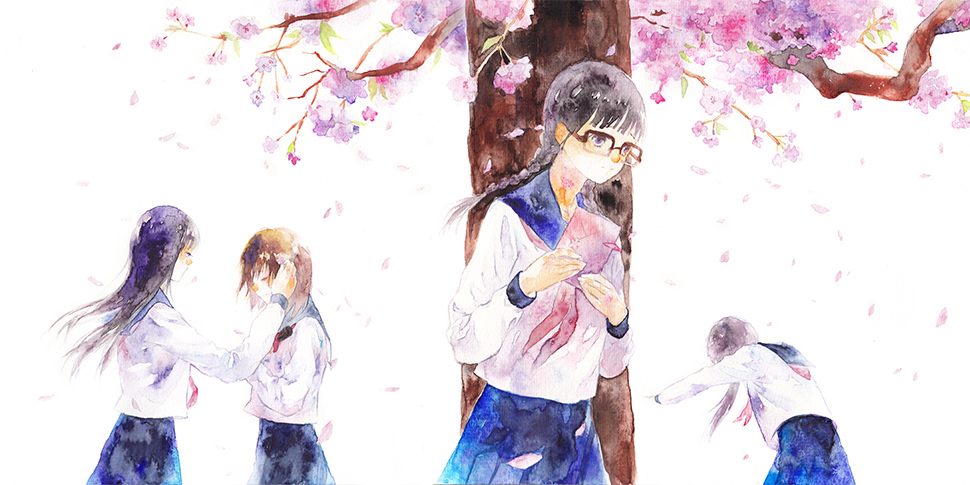 4girls against_tree black_hair blue_sailor_collar blue_skirt branch brown_hair cherry_blossoms closed_mouth envelope falling_petals glasses hand_in_another's_hair holding holding_envelope long_hair long_sleeves moekon multiple_girls neckerchief original painting_(medium) petals red_neckerchief sailor_collar school_uniform serafuku simple_background skirt standing traditional_media tree upper_body watercolor_(medium) white_background white_serafuku yuri