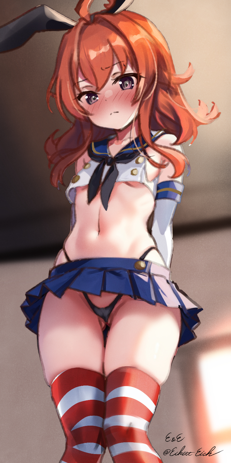 1girl ahoge animal_ear_headwear animal_ears arashi_(kancolle) armpit_crease ass_visible_through_thighs black_neckerchief blue_sailor_collar blue_skirt blush breasts buttons commentary_request cosplay cropped_shirt eckert&amp;eich elbow_gloves fake_animal_ears feet_out_of_frame from_below frown gloves grey_eyes hair_between_eyes highleg highleg_panties highres indoors kantai_collection knees_together_feet_apart long_hair microskirt midriff navel neckerchief panties pleated_skirt red_hair red_thighhighs sailor_collar shimakaze_(kancolle) shimakaze_(kancolle)_(cosplay) shirt signature skirt sleeveless sleeveless_shirt small_breasts solo stomach striped_clothes striped_thighhighs thighhighs thighs twitter_username underboob underwear upshirt upskirt white_gloves white_thighhighs