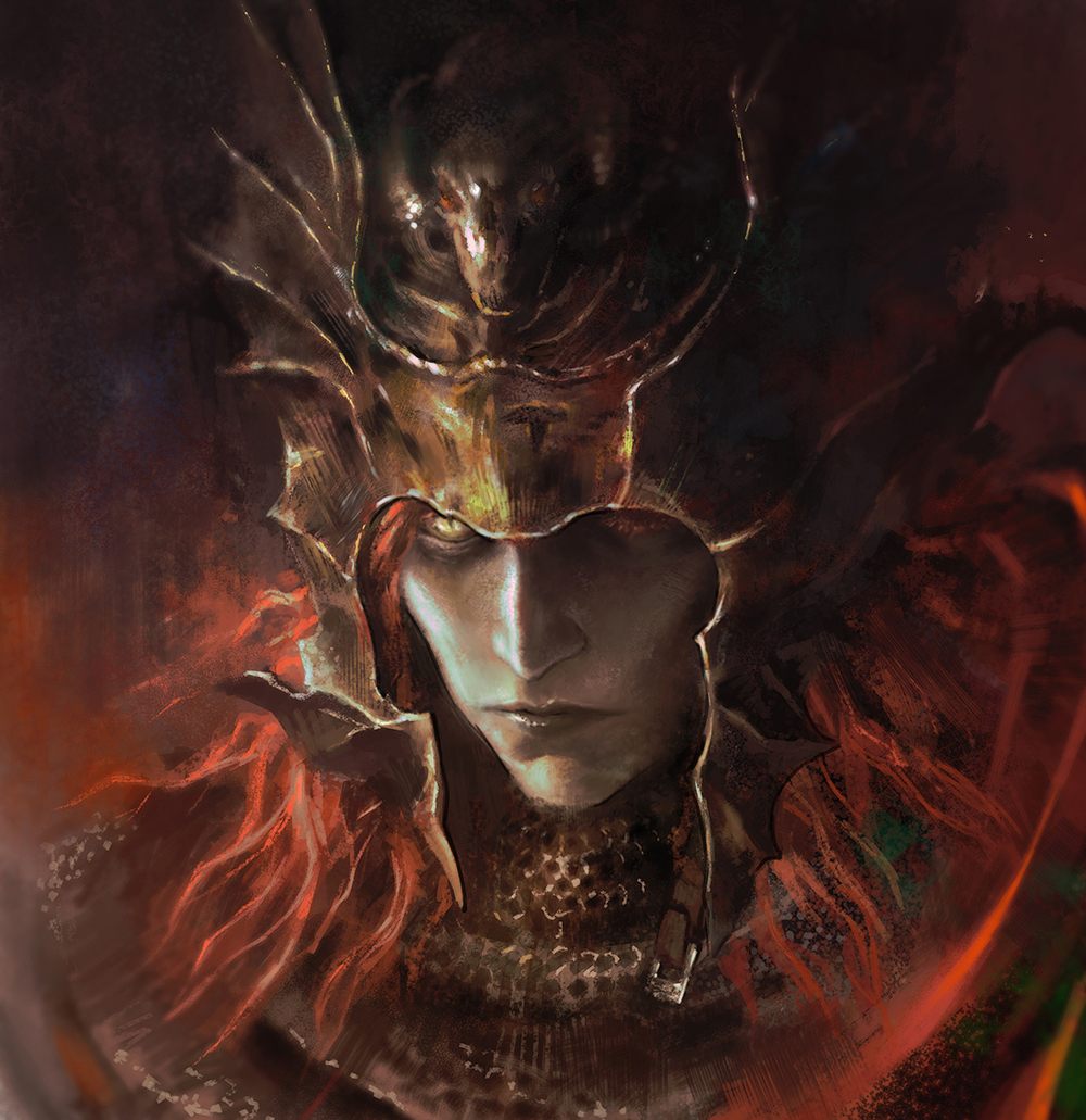 1boy armor black_lips close-up closed_mouth commentary elden_ring helmet long_hair looking_at_viewer messmer_the_impaler miya_zaki one_eye_closed ornate ornate_armor red_hair slit_pupils snake solo winged_helmet yellow_eyes