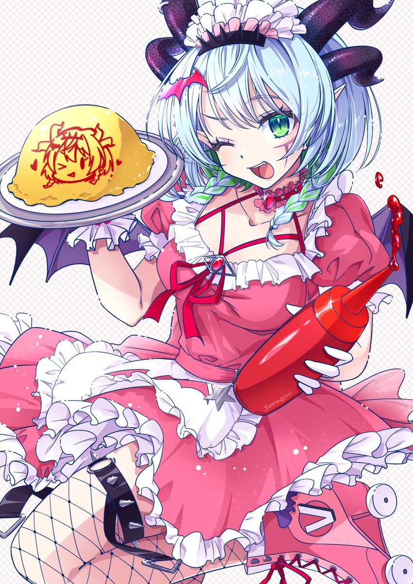 1girl apricot_the_lich apron artist_name bat_hair_ornament black_horns braid breasts collar collarbone dress facial_mark fishnet_thighhighs fishnets food frilled_collar frilled_dress frills green_hair grey_hair hair_ornament highres holding holding_tray horns ketchup_bottle maid_headdress multicolored_hair omelet omurice open_mouth pink_dress pointy_ears roller_skates saraemiii_en skates solo spiked_thighlet star_(symbol) streaked_hair teeth thighhighs tray twin_braids upper_teeth_only virtual_youtuber vshojo waist_apron waitress white_apron