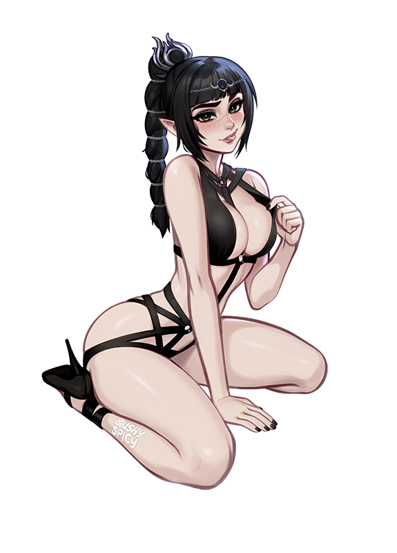 1girl :p arm_support artist_name baldur's_gate baldur's_gate_3 bare_arms bare_shoulders black_footwear black_hair black_nails blunt_bangs blush blushyspicy breasts diadem dungeons_and_dragons hair_ornament hand_up high_heels large_breasts nail_polish o-ring shadowheart_(baldur's_gate) shoes smile solo tongue tongue_out transparent_background