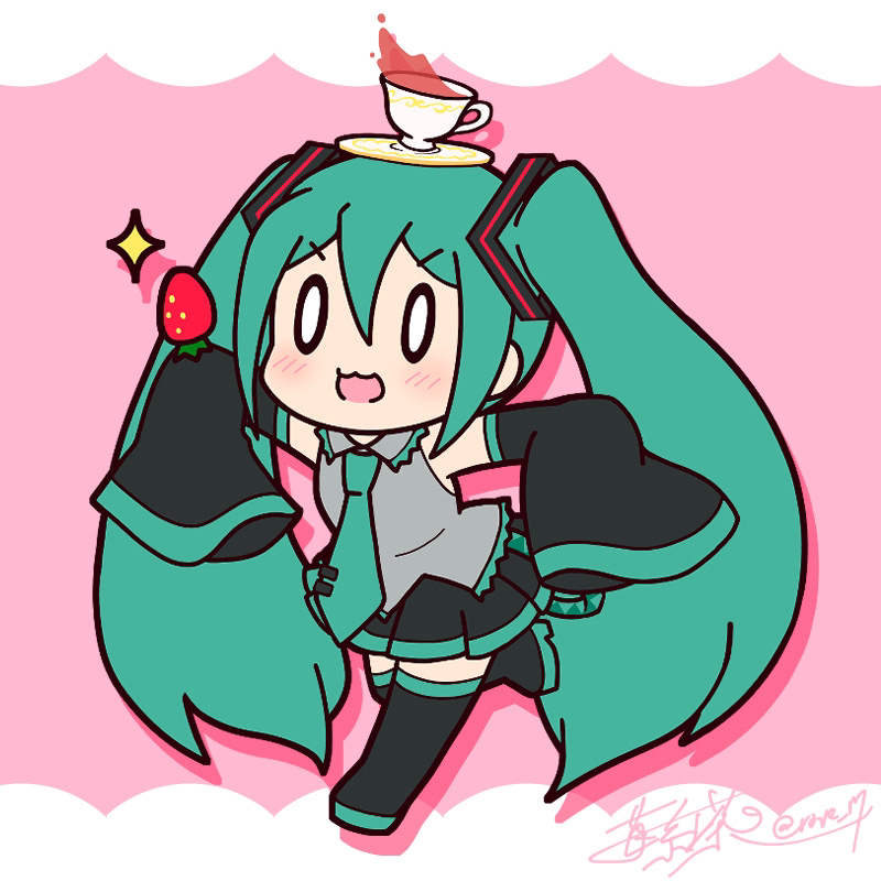 1girl 59mina :3 aqua_hair aqua_trim bare_shoulders black_skirt black_sleeves black_thighhighs chibi cup cup_on_head detached_sleeves food fruit grey_shirt hair_between_eyes hatsune_miku holding holding_food holding_fruit light_blush long_hair long_sleeves o_o open_mouth pink_background pleated_skirt running shadow shirt sidelocks signature skirt sleeveless sleeveless_shirt solo sparkle strawberry teacup thighhighs twintails very_long_hair vocaloid white_background white_eyes wide_sleeves